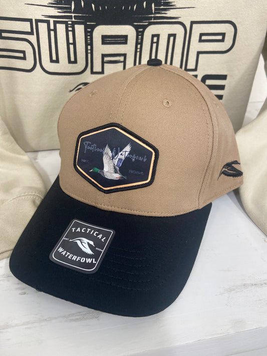 Khaki and black baseball cap with mallard