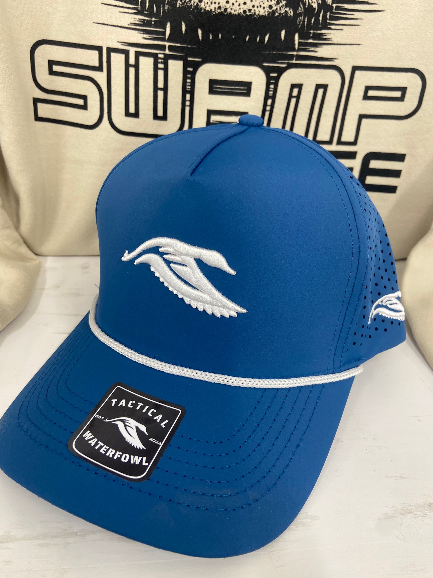 Blue performance rope hat with 3-D puff Tactical waterfowl logo