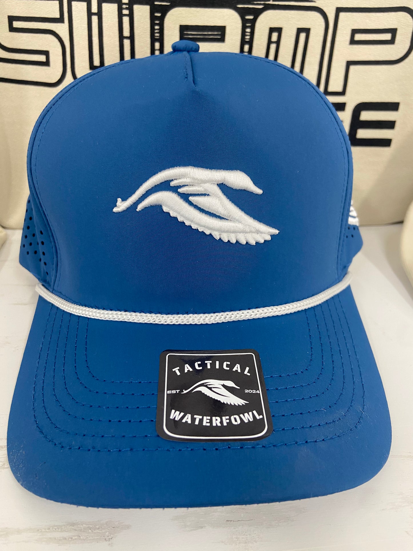 Blue performance rope hat with 3-D puff Tactical waterfowl logo